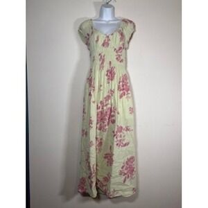 Free People Maxi Dress Green Pink Floral Smocked Open Back Cottagecore Size S